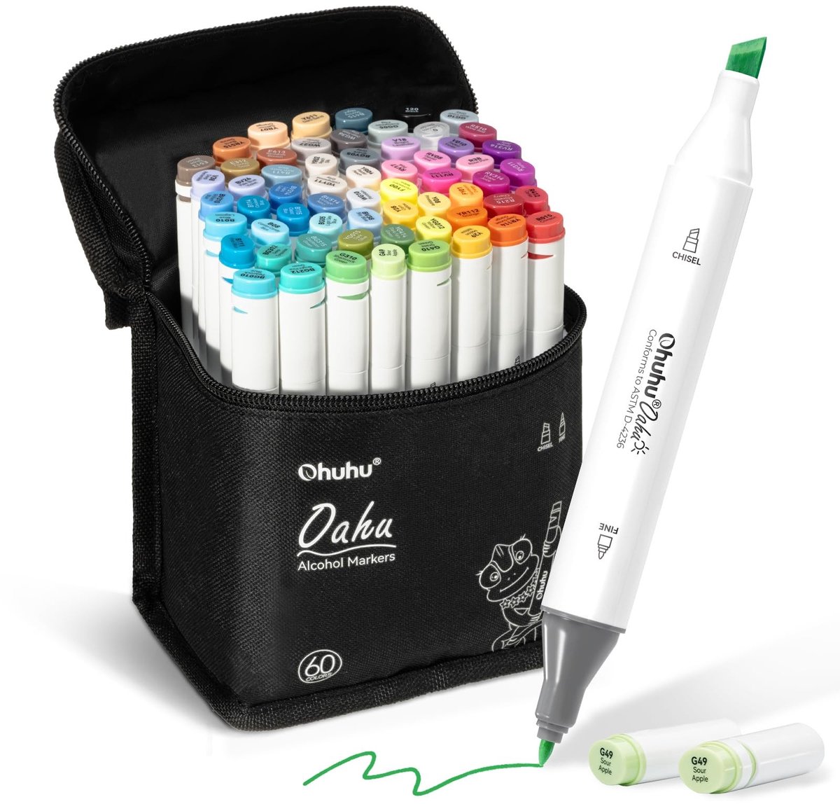 Omgoods - Kleurstiften, 60 Kleuren Dubbelpunt Alcohol Markers met Etui voor Tekenen
