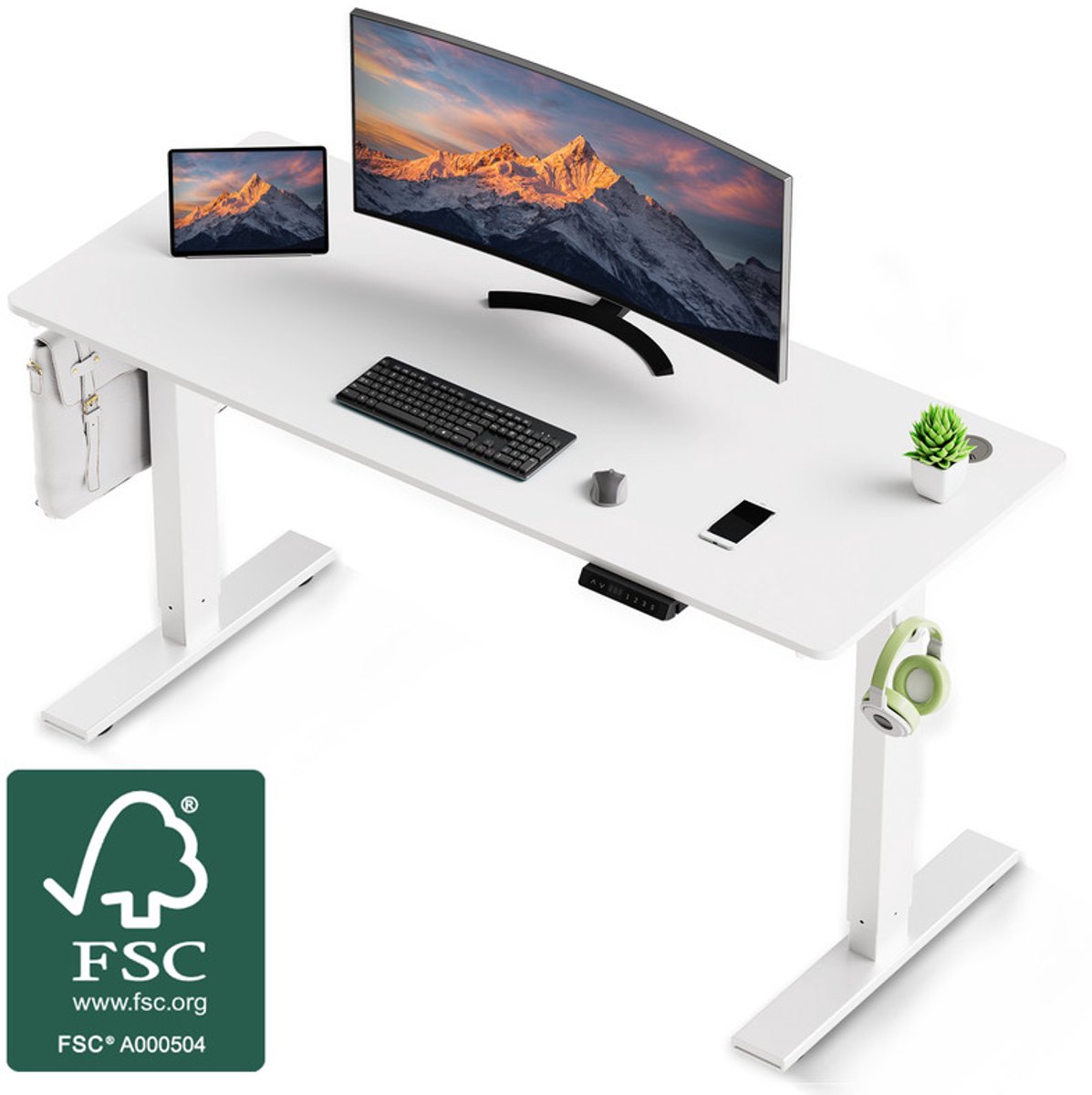 HOMAVO Elektrisch Zit-Sta bureau 70 x 140 cm - In Hoogte Verstelbaar - Geheugenfunctie - Antibotsingssysteem - USB-A/USB-C – Wit