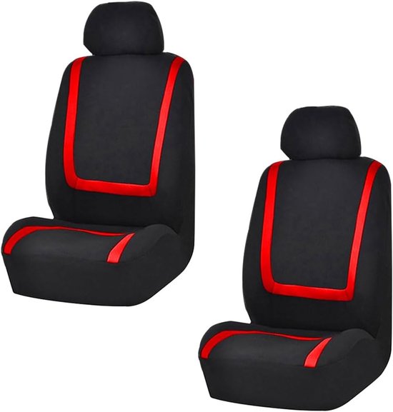 Paar zwarte auto stoelhoezen met rode randen, een voor de bestuurdersstoel en een voor de passagiersstoel.
