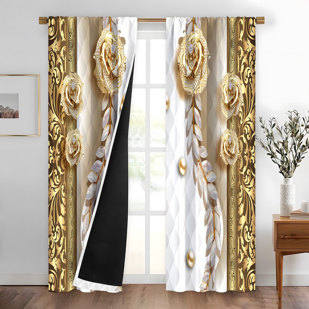 Verduisteringsgordijn - 2 Panelen - 90x210cm - Goudmotief - Thermisch Geïsoleerd - voor Woonkamer en Slaapkamer