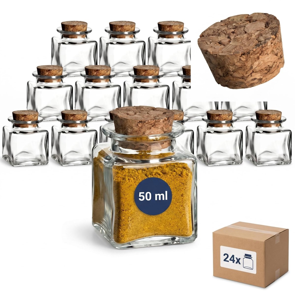 Omgoods - Set van 24 Mini Glazen Specerijpotjes 50ml met Kurken Stop