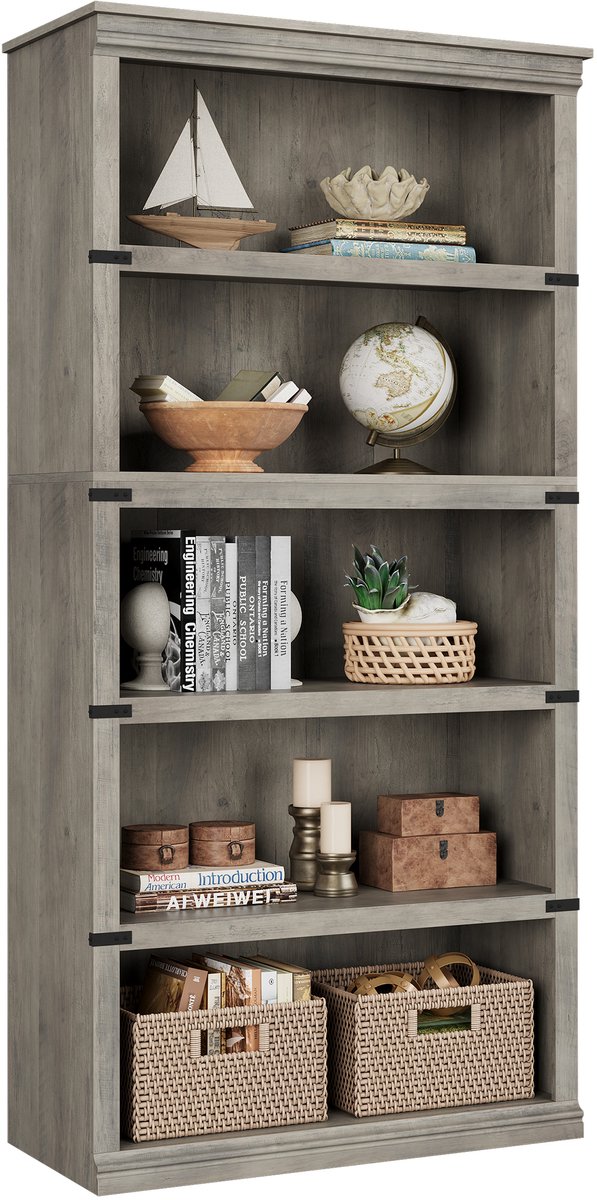 Smalle Boekenkast met 5 Vakken - Landelijke Vakkenkast - Houten Open Opbergkast - Boekenrek met Kroonlijst en Anti-omvalbeveiliging - Ruimtebesparend - 82x32x171 cm - Grijs