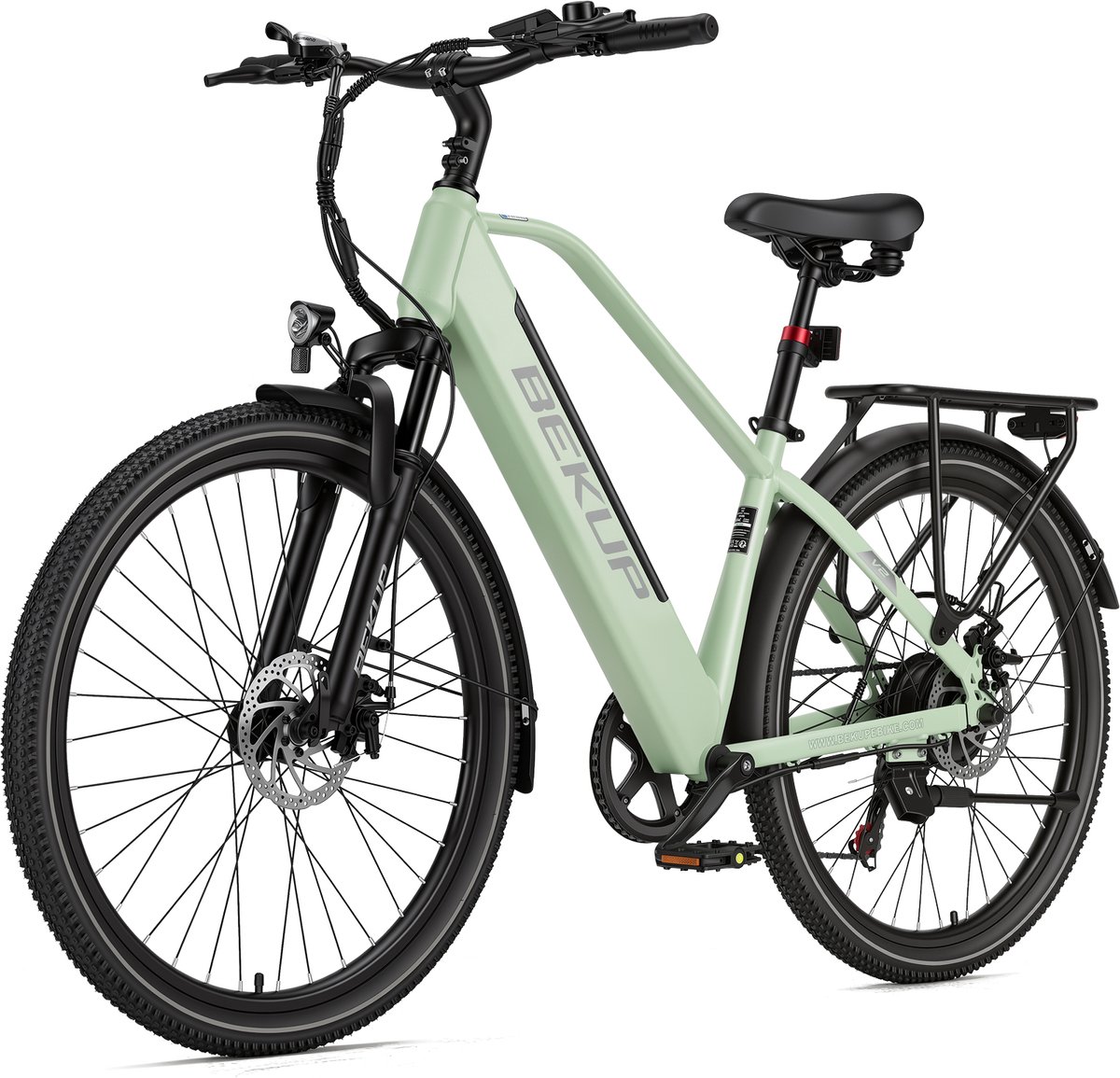 Elektrische stadsfiets 26 inch - Hoge instap frame - Krachtige 250W achterwielmotor - 45Nm ondersteuning - Lange afstand accu - Shimano 7-speed - LCD-display - Comfortabel dagelijks gebruik - Pistachegroen