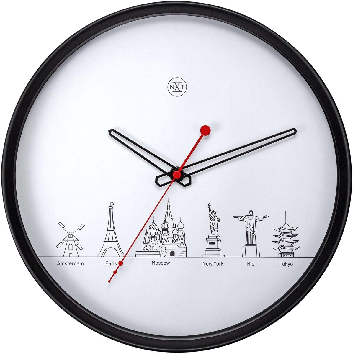 Omgoods - nXt World Tour Wandklok - Moderne Zwart met Wereldsteden