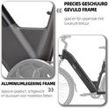 Gedetailleerde foto's van het aluminium frame van de TTGO C5 e-bike en de voorkant van de fiets.