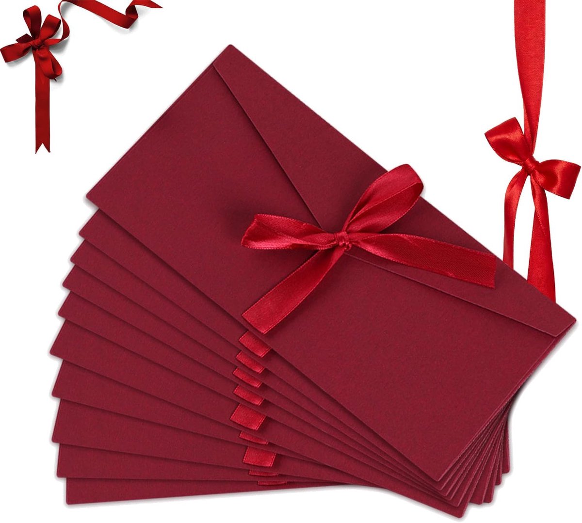 Elegante enveloppen – set van 10 – grote vintage enveloppen van kraftpapier (portefeuillemodel) – voorzien van strikken van satijnlint – bordeauxrode enveloppen voor cadeaubonnen – geschikt voor verjaardagen, Kerstmis en meer – rood