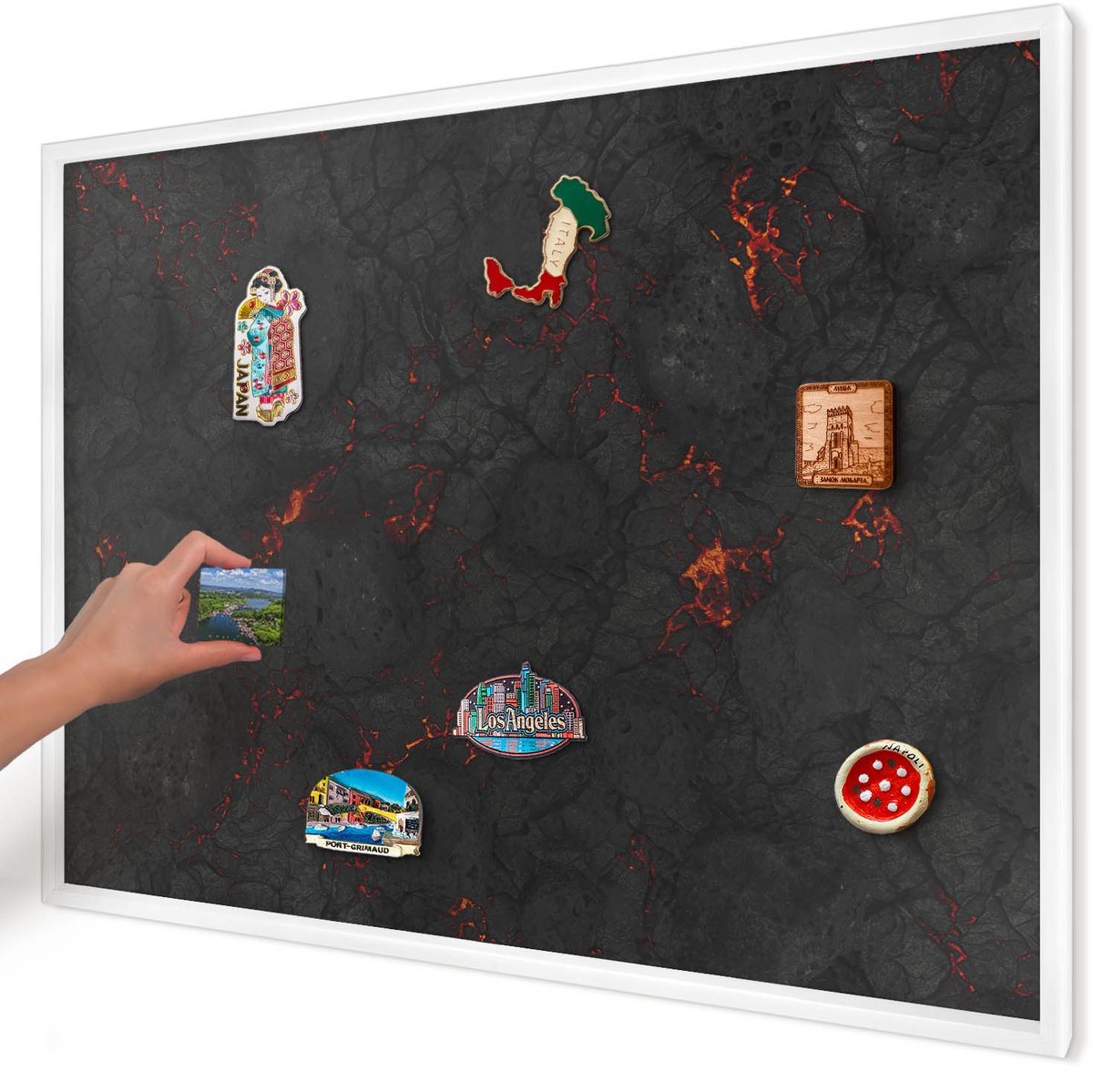 Artprintcave Zwart Magneetbord mit Witte Lijst - 100x70 cm - Vulkanische Lava Magneet Bord mit Frame - Abstract Memobord Keuken - Natuur