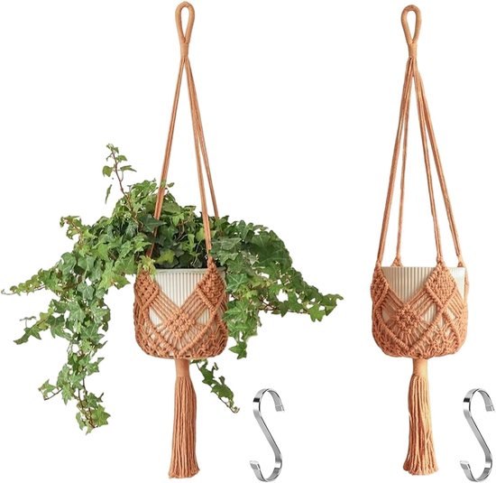 Hanging Plant Pots Set van 2 met Patronen, Macramé Plant Hangers voor Binnen en Buiten, Geschikt voor Potten tot 20 cm, Caramel Kleur, Decoratieve Plantenpotten en Tuinaccessoires