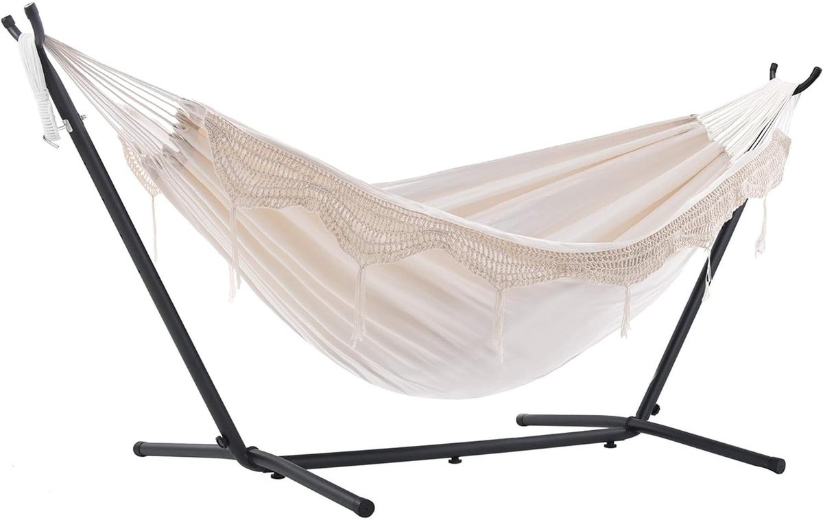 SnelShoppen - Katoenen hangmat met standaard 250 cm - Natural - Luxe tuinhangmat voor ontspanning, camping, en buitengebruik - Ideaal voor volwassenen