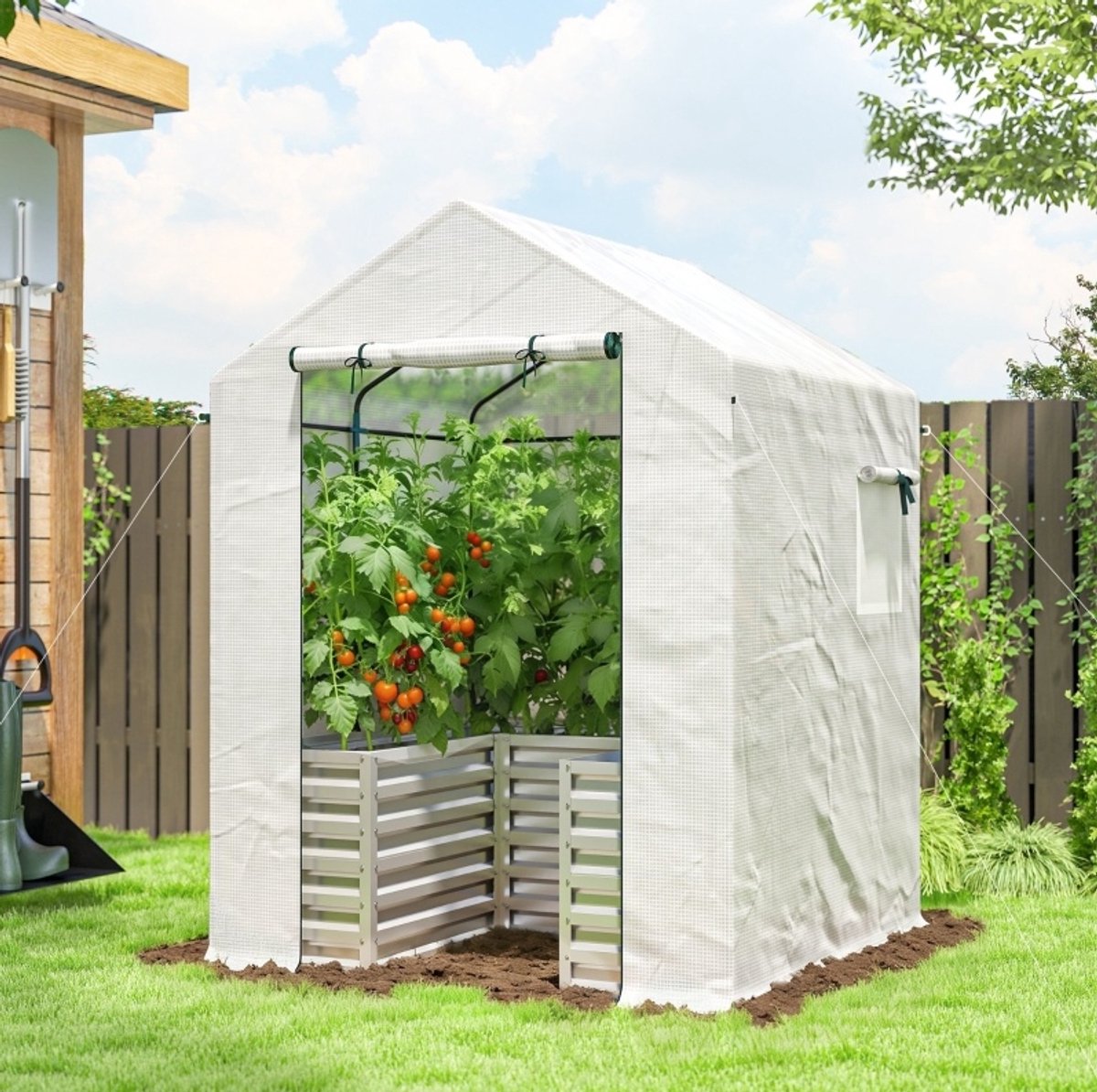 COVREO Tomatenkas 141x141x190 cm - Wit Staal - Met Kweekbak en Schuin Dak - Rolluik en Venster - 135 g/m² PE - Waterdicht en UV-Bestendig - Open Bodem