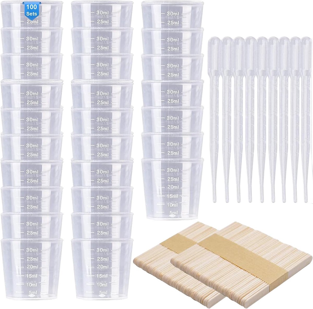 SnelShoppen - Epoxyhars Meetbekers Set van 100 Stuks Plastic 30 ml, 100 Houten Stokken en 100 Pipetten voor Creatieve Klussen, Mengbekers voor Hars en