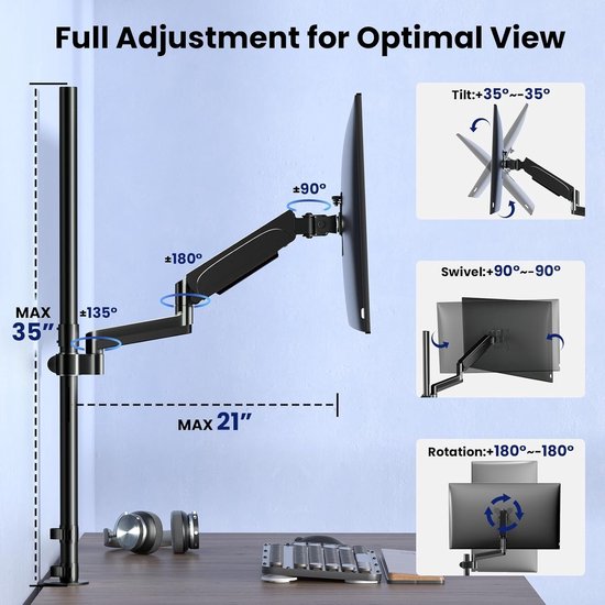 Verstelbare Desktop Monitorsteun voor 17-32 inch Schermen, Hoogwaardige Enkele Monitorarm met 2 Montageopties en Tot 9 kg Draagvermogen, VESA 75/100mm Compatibel — afbeelding 2
