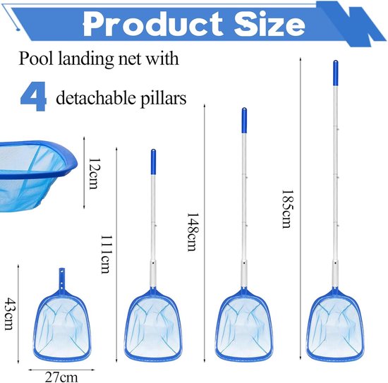 SnelShoppen - Pool Landing Net 185 cm Met Telescopische Steel, 12 cm Diepe Vijvernet, Fijnmazig Voor Zwembad, Vijvers, Algen, Bladeren — afbeelding 5