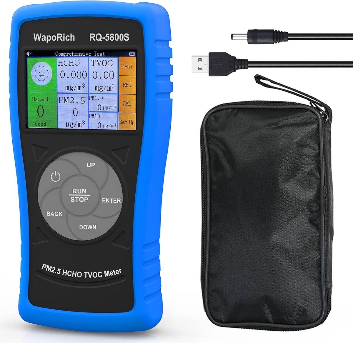 SnelShoppen - 3-in-1 Luchtkwaliteitsmonitor RQ-5800S, Formaldehyde Detector, TVOC, PM2.5, PM10, HCHO, USB Oplaadbaar voor Binnen, Buiten, Slaapkamer