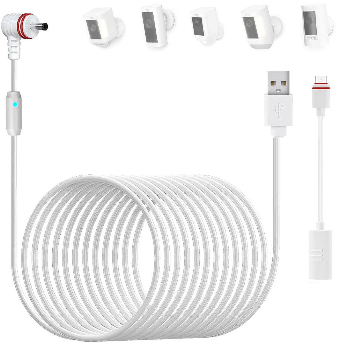 SnelShoppen - 7.6m USB Oplaadkabel met Type C Adapter en LED Waarschuwingslicht, Geschikt voor Bewakingscamera's, 24.9ft Oplaadkabel voor Ring Spotlig
