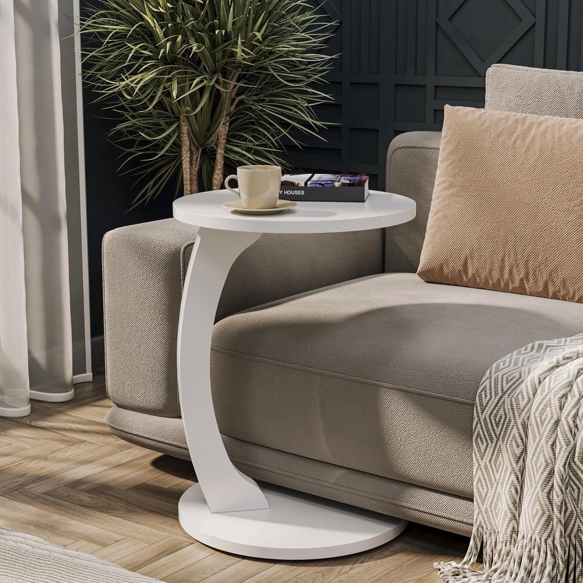 SnelShoppen - C-vormige bijzettafel met wielen, ronde opslagtafel voor woonkamer, slaapkamer, kantoor - Witte mobiele tafel met opbergruimte