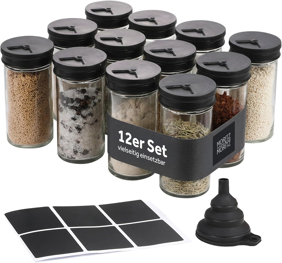 Glazen Kruidenpotjes Set - 12 Stuks 80ml - Zwarte Deksels - Inclusief Etiketten - Keukenorganisatie