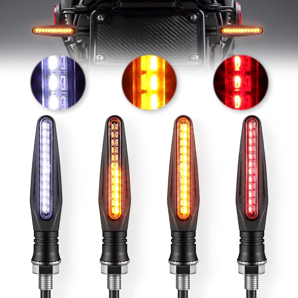 KZQ 4-delige LED motor richtingaanwijzers met dagrijverlichting en remlicht - Sequentieel dynamisch licht - 12V universeel voor motor scooter en quad - Wit rood amber