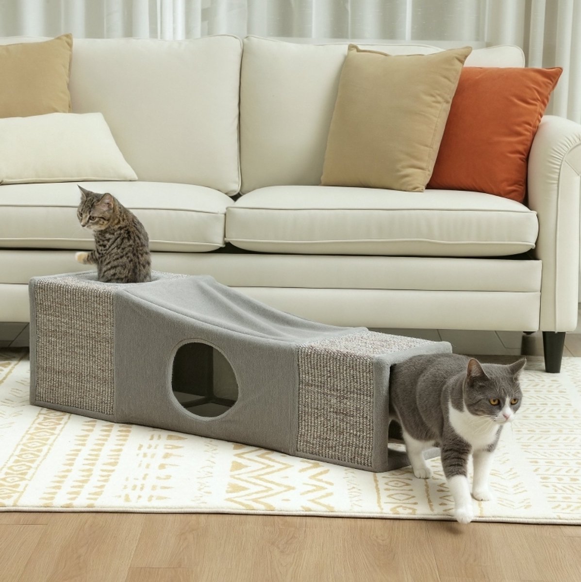 REDOM- Krabton voor katten - Met kattentunnel en twee kattenholtes - Inklapbaar ontwerp - Met speelbal - Polyester en sisal - Bruin - 98 x 30 x 30 cm