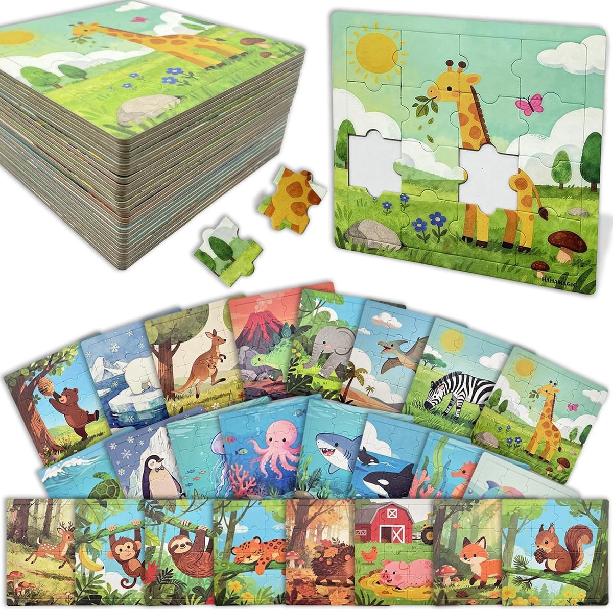 Set van 24 Kinderpuzzels met 16 Stukken, Dierenthema Educatieve Speelgoed voor Feestjes, Verjaardagscadeaus en Klassediploma's