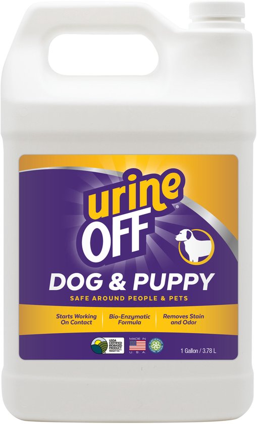 Witte gallonfles Urine Off Hond & Puppy met een geel en paars label.