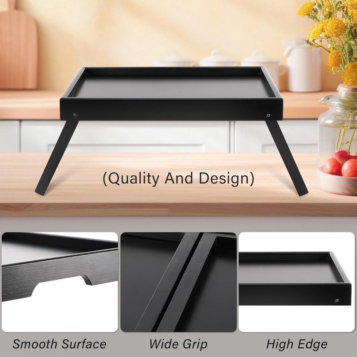 SnelShoppen - Houten ontbijt dienblad met opvouwbare poten, groot decoratief tray voor servies, dranken, ontbijt, feest, receptie, multifunctioneel, k — cadeau in Koken & Dineren - foto 3
