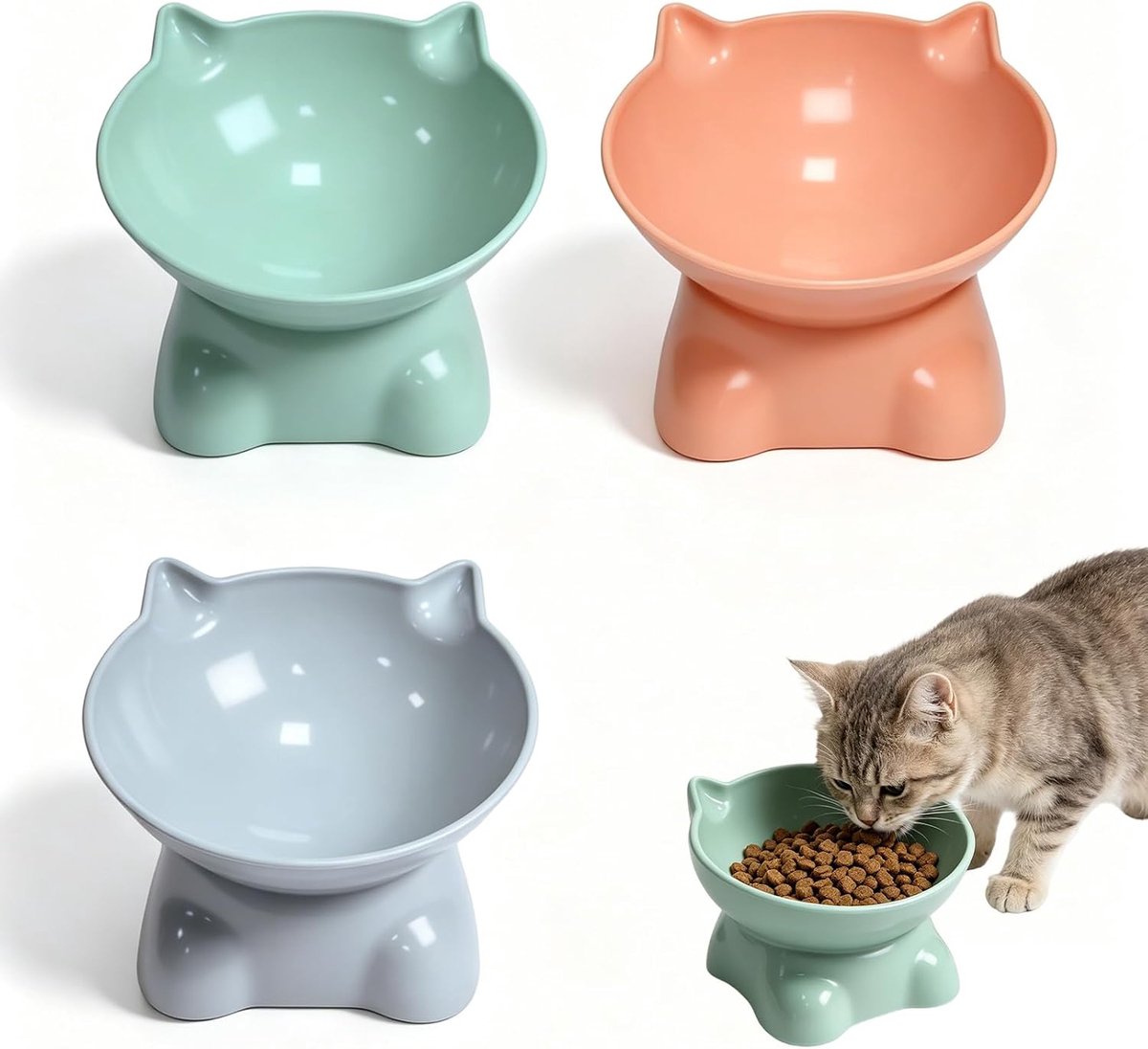 Voerbak voor katten, 3 stuks - verhoogde kattenbak - duurzame kunststof - ideaal voor een schone eetomgeving - ShopVlot