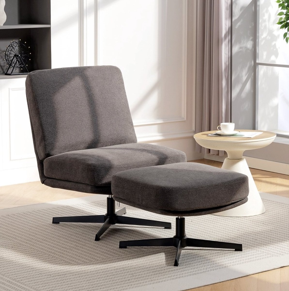 COVREO Fauteuil 91 x 68 x 93 cm donkergrijs, stof met hocker draaibaar