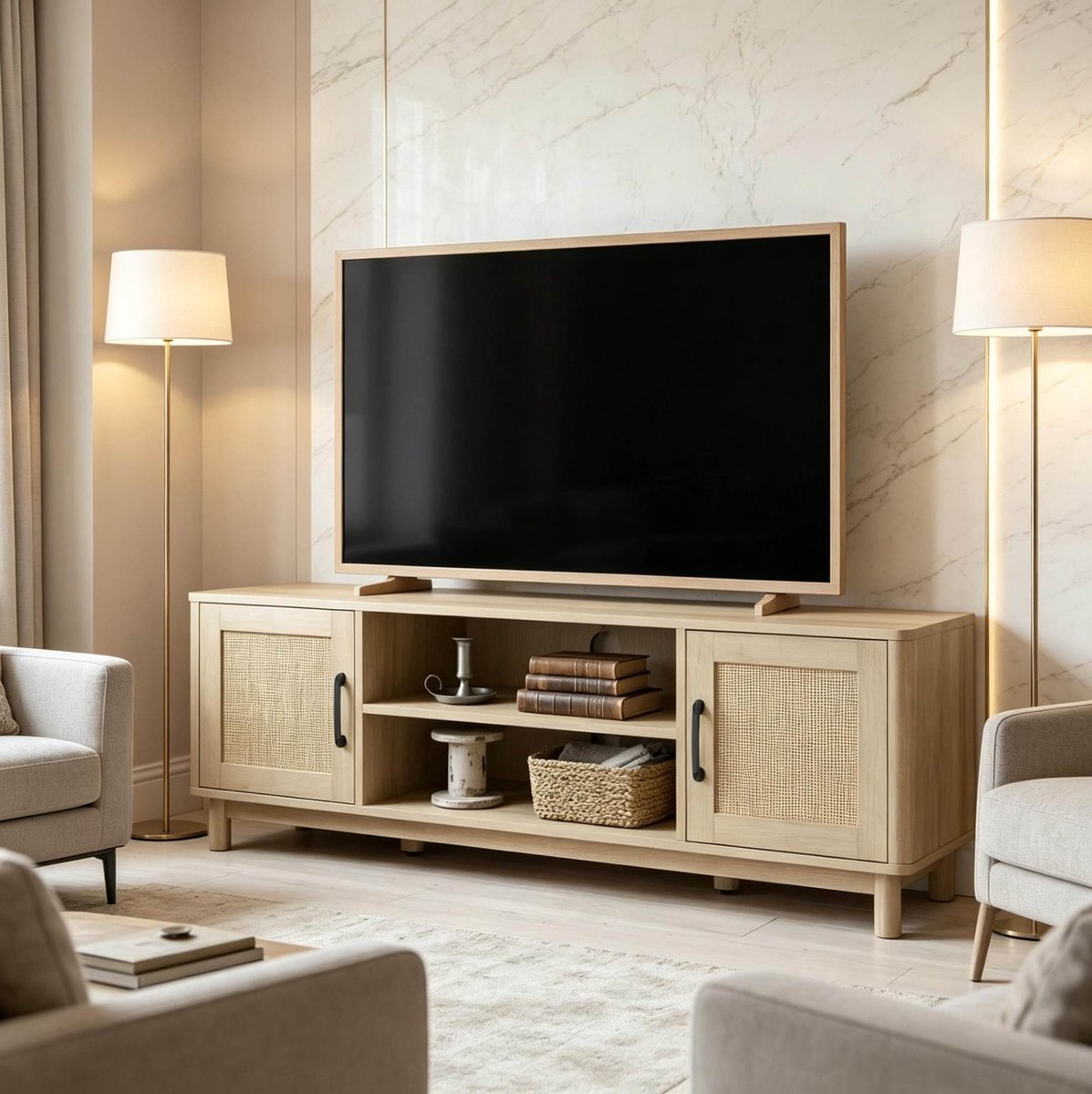 MIVRAY Tv Meubel - Rietlook Met Open Vakken En Dubbele Deuren - Voor Woonkamer En Tv Tot 65 Inch - Eiken - 135 X 39 X 45 Cm