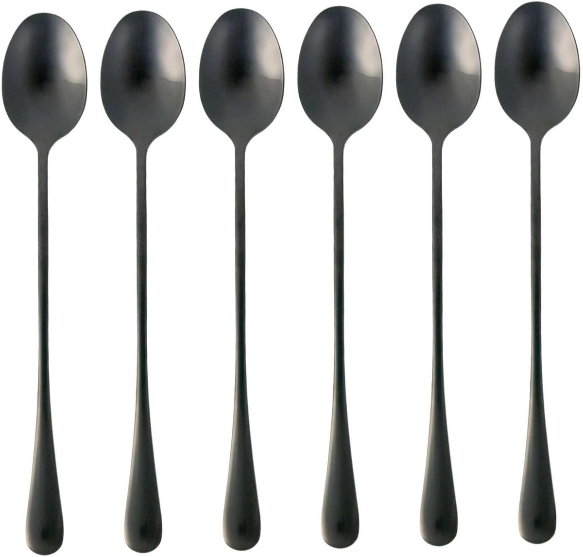 Set van 6 lepels van roestvrij staal in Zwart - Lengte 19 cm - Ijslepel met lange steel, dessertlepel voor koffie Latte Macchiato, longdrinks, ijsthee