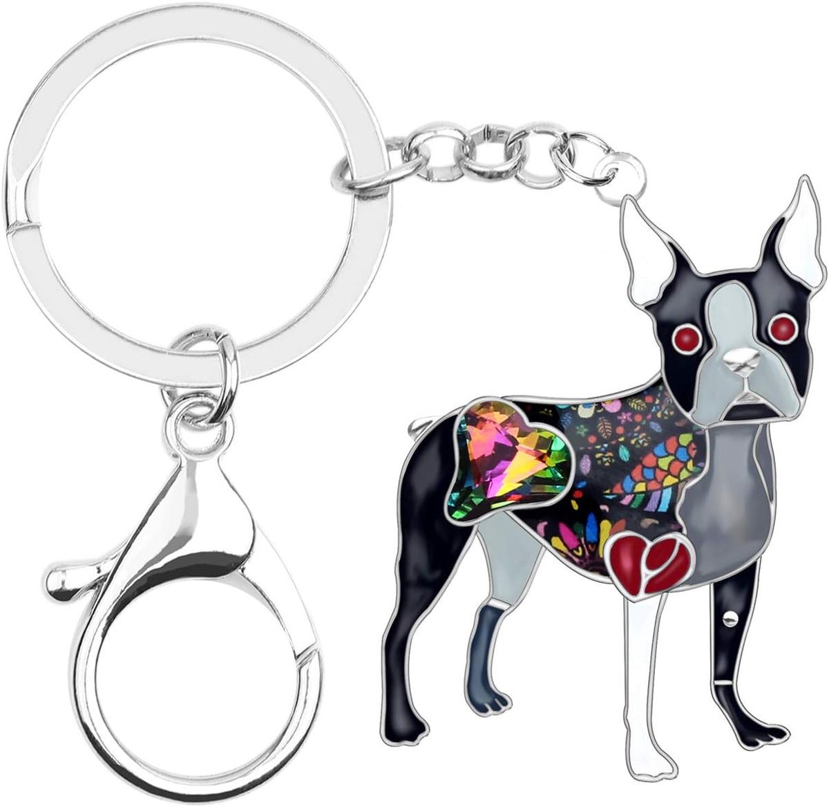 Emaille Metalen Hart Strass Boston Terrier Hond Sleutelhangers Voor Vrouwen Kids Auto Purse tas Ringen Charms Huisdieren Gift
