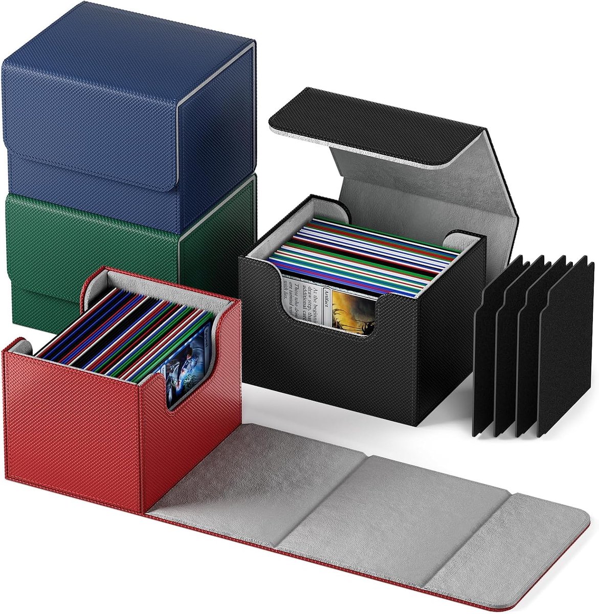 Premium verzamelkaartenbox, kaartdeck box, compatibel met kaarten, 4 stuks, horizontaal lederen kaartdeck boxen voor meer dan 100 kaarten, magnetische kaartenbox, geschikt voor Mag