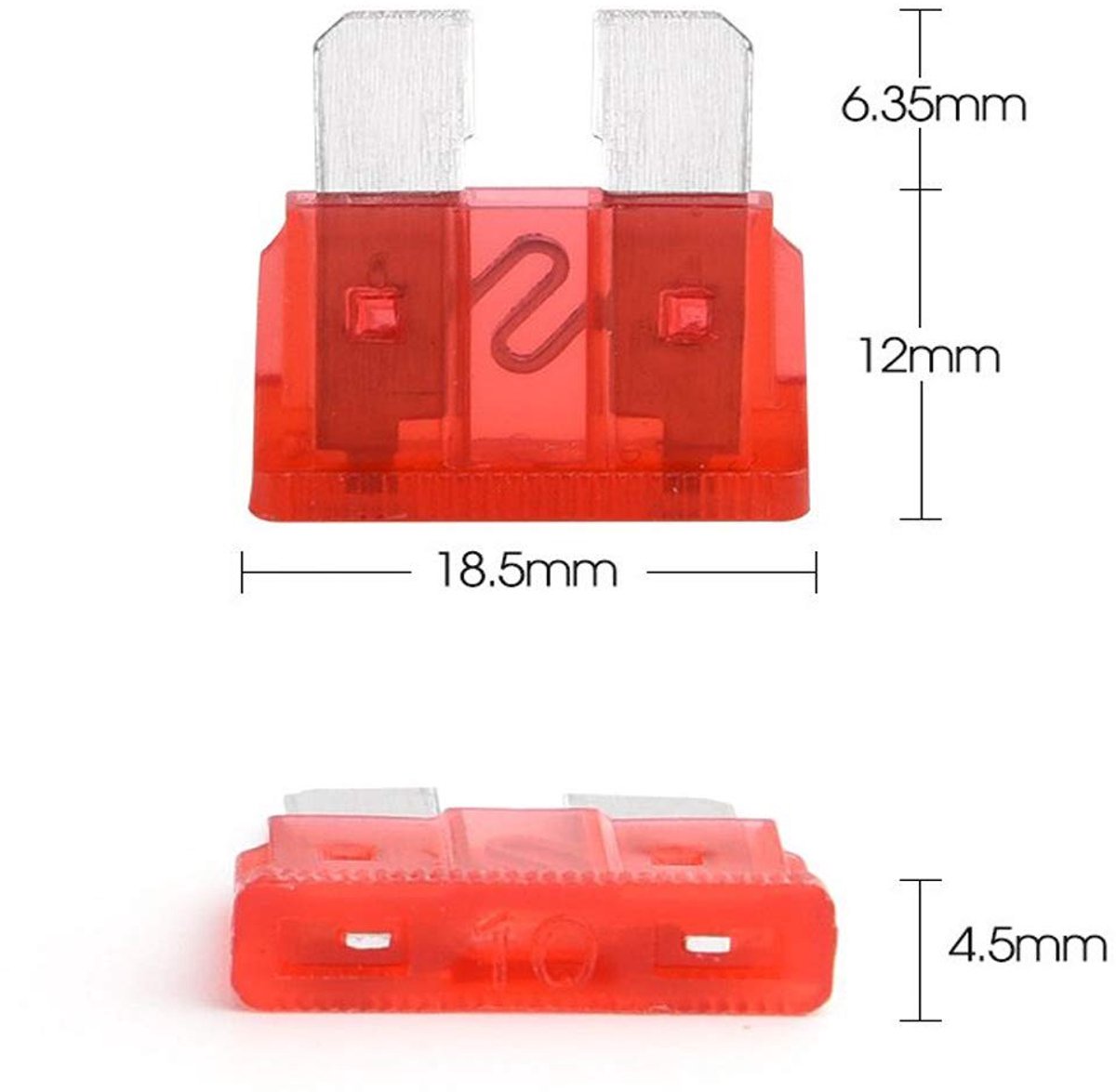 Platte zekeringen, 19 mm, 1A, 2A, 3A, 4A, 5A, 7,5A, 10A, 15A, 20A