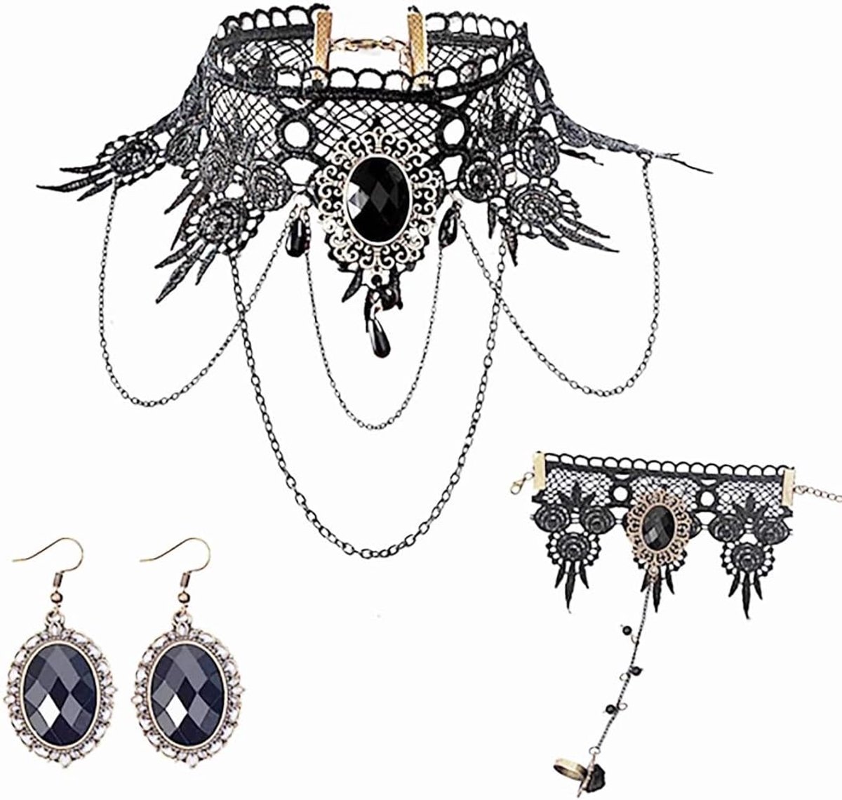 Halloween zwarte kant choker halskettingen armband oorbellen set gothic Genstone kraag sieraden voor vrouwen en meisjes