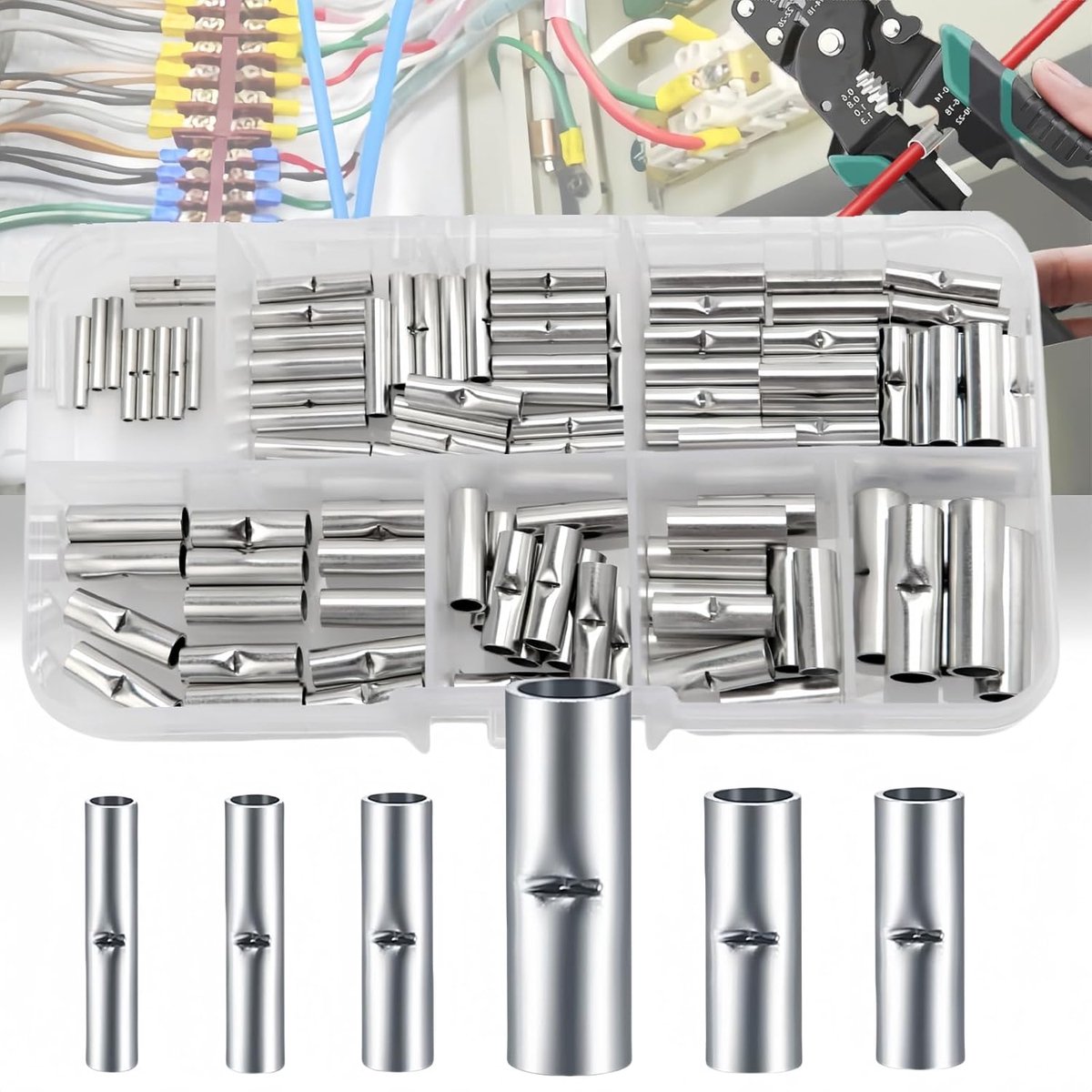 200 stuks Butt connectors, Butt Splice Connectors Kit Butt-Connectoren, Koper Stootverbinders, Niet-geïsoleerde stootverbinders, BN0.75/BN1.25/BN2/BN3.5/BN5.5/BN8, Voor doe-het-zelf