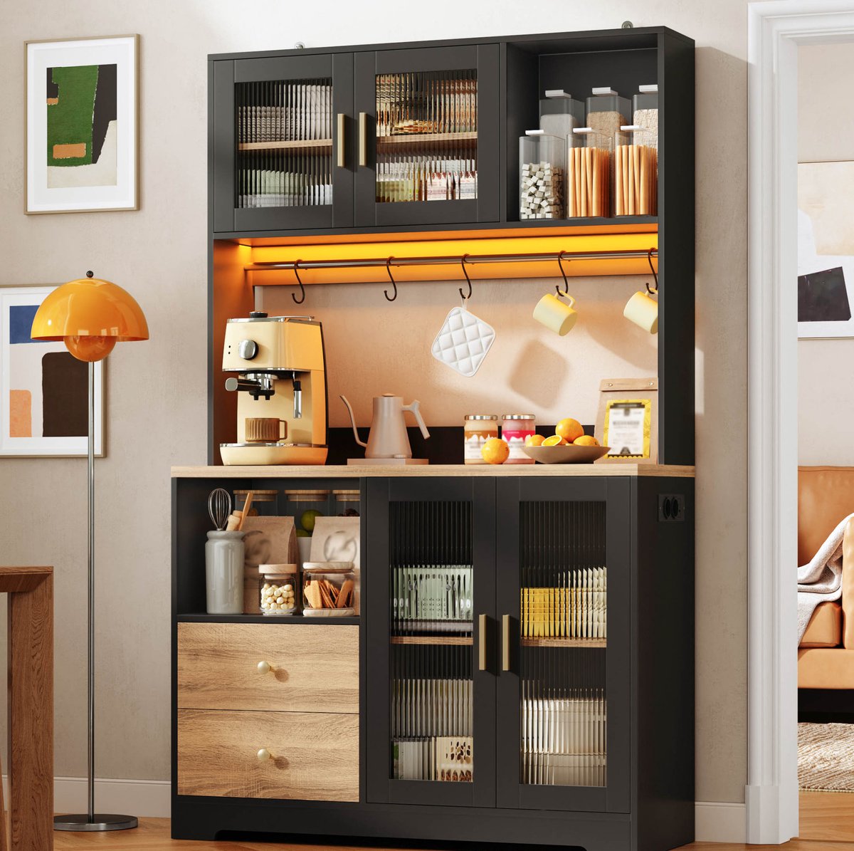 MIVRAY Keukenkast - Hoge Kast Met LED En Stekkerdoos En Gehard Glas - Voor Keuken En Eetkamer - MDF - Zwart - 110 X 40 X 178 Cm