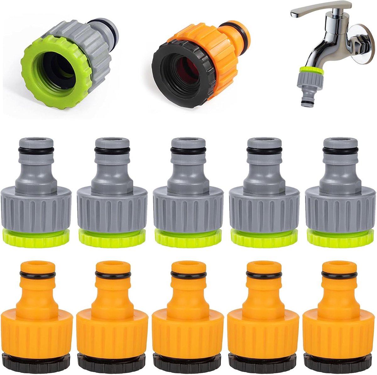 set van 12 stuks slangkoppelingen 1/2 inch en 3/4 inch, tuinslang aansluiting, slangaansluiting waterkraan, 2-in-1 tuin haanverbinder waterkraanaansluiting, voor tuinberegening