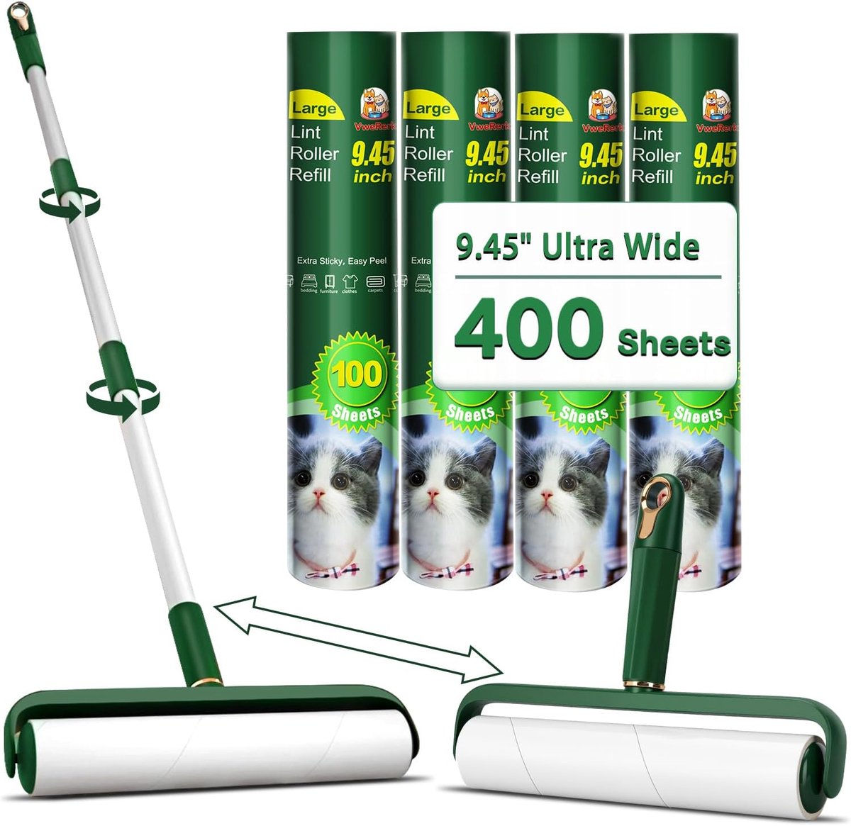 SnelShoppen - Grote Pluizenroller Extra Plakkerig, 400 Bladen Lange Handgreep Navullingen, Gigantische 24cm Pluizenroller voor Vloeren, Meubels en Hui