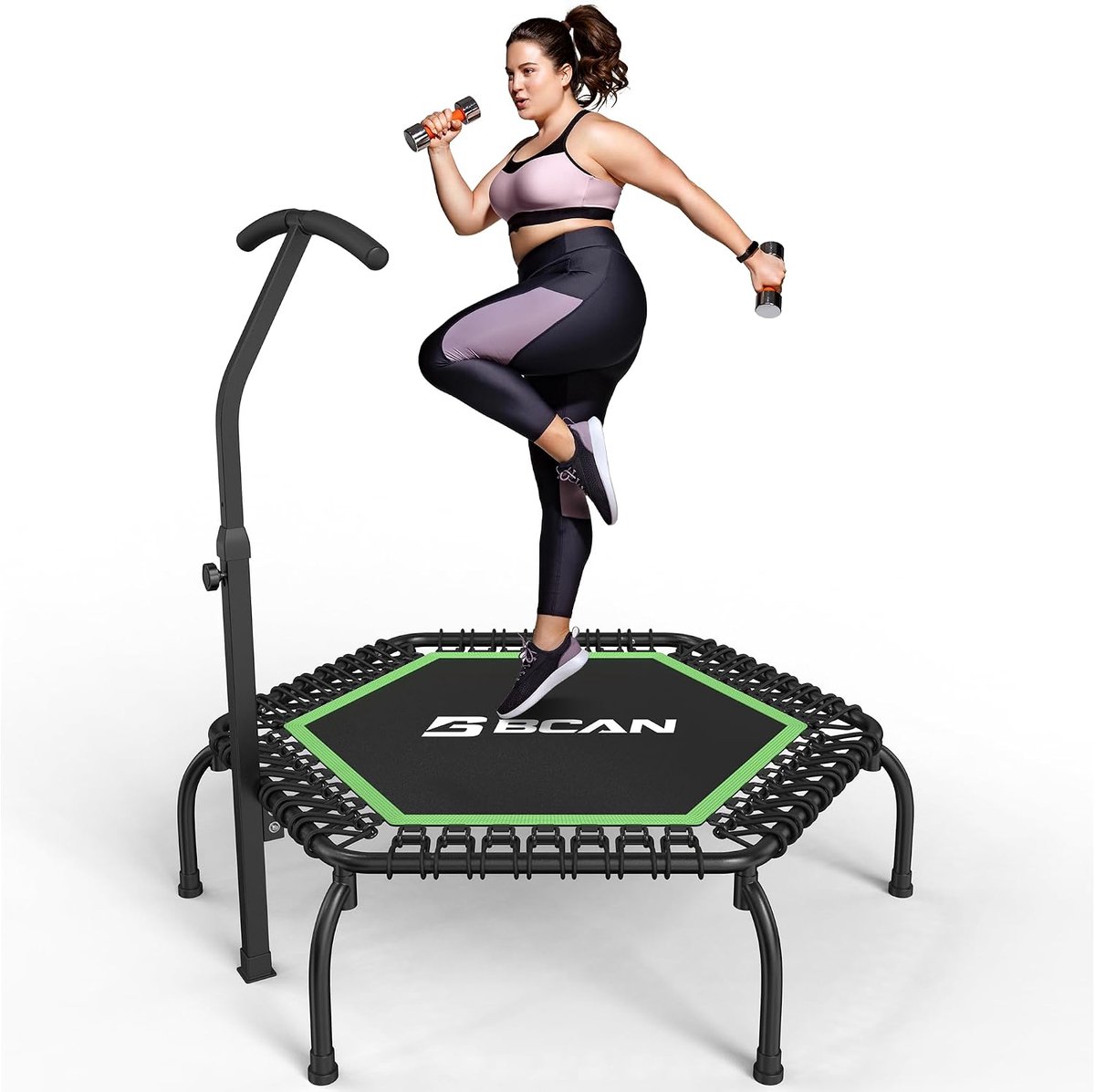 SnelShoppen - Fitness Trampoline Indoor Ø 122/130 cm voor Volwassenen tot 250 kg, Bodemtrampoline met Verstelbare T-Stang en 42 Elastieke Koorden, Sti