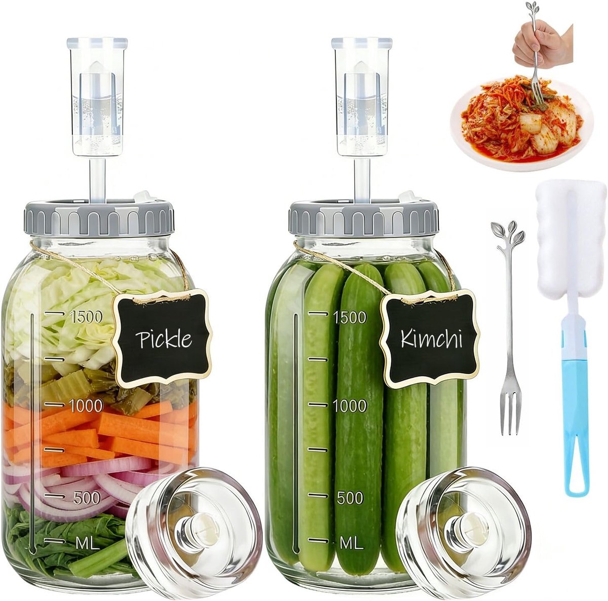 2L fermentatieglas met gewicht en vergaarventiel, brede opening voor