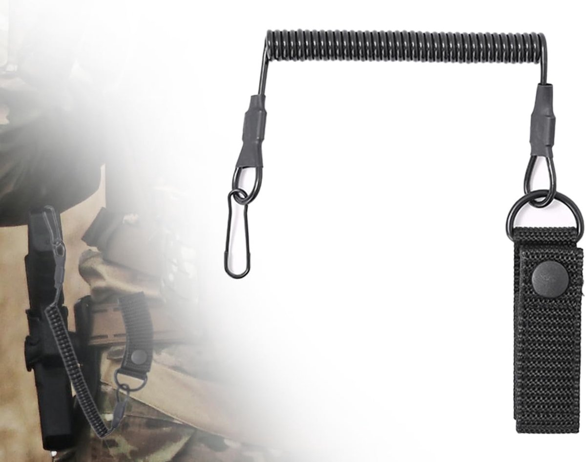 Tactisch koord, zwarte spiraal sleutelring, elastisch viskoord, tactisch koord voor peperspraypistool, veiligheidsuitrusting, uittrekbaar tot 120 cm