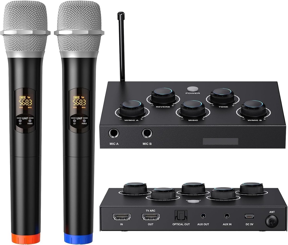 Microfoonsysteem, UHF karaoke-microfoon, draadloos microfoon voor karaoke, bruiloft, roadshow, conferentie, feest, compleet karaoke-set met draadloos microfoon
