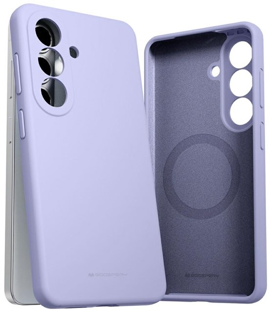 Coque de téléphone violette avec fermeture magnétique pour Samsung Galaxy S26, intérieur visible.