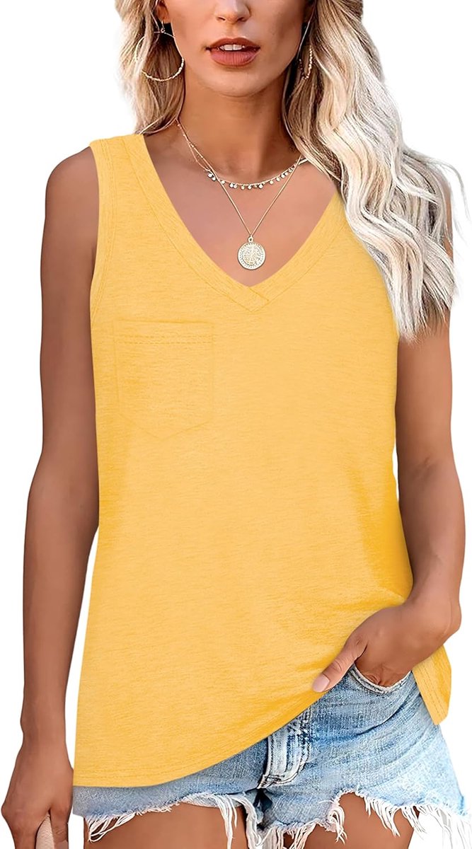 Mouwloos shirt dames basic zomer elastische tanktop met V-hals casual shirt met zak losse top comfortabele onderhemden