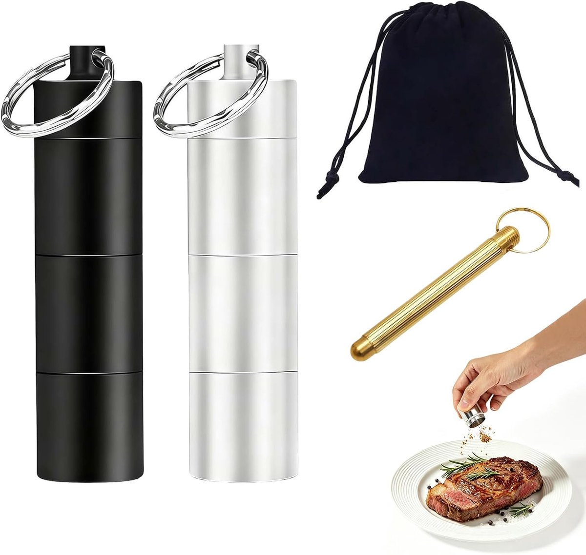 Set van 4 mini-zoutstrooiers, 3-in-1 reiskruidenstrooier met tas en lepel | Waterdichte aluminium kruidenpotjes, 8 cm x 2,2 cm, incl. telescopische lepel en koordtas, campingaccessoires, sleutelhanger