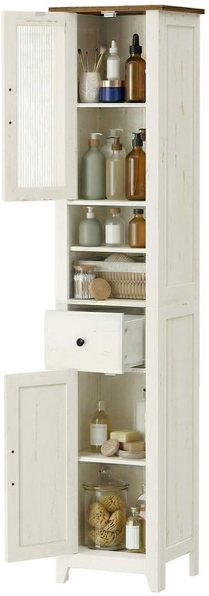 Badkamerkast in landelijke stijl - Smalle badkamerkast - Badkamermeubels - 31,5 x 33 x 171 cm - Witbruin