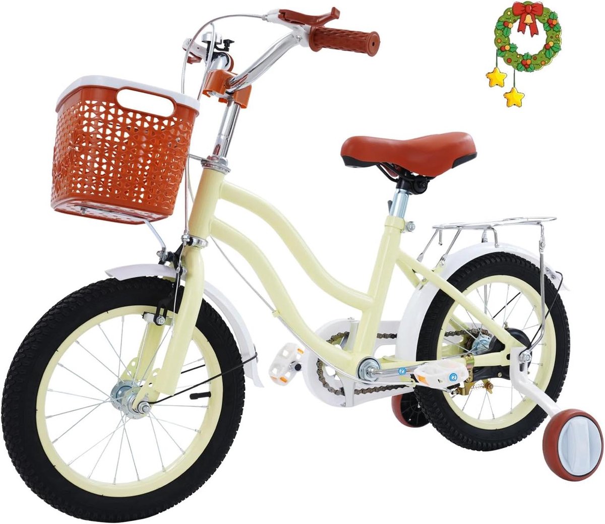 Kinderfiets 14 inch - Jongensfiets Meisjesfiets - Leren Fietsen - Met Mand en Steunwielen - 14 inch - Beige Roze