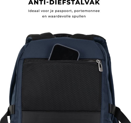 Telefoon in het anti-diefstalvak aan de achterkant van de donkerblauwe rugzak.