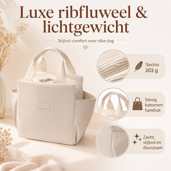 Bobypet - Geïsoleerde Koeltas Dames Beige - Stijlvolle Ribfluweel Lunchtas 13.5 Liter met Katoenen Handvatten - Grote Lekvrije Thermotas voor Werk, Kantoor, Picknick en Reizen — afbeelding 3