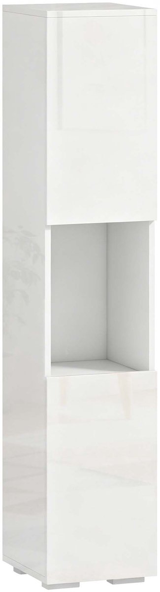 Opbergkast Bijzetkast Buffetkast Badkamerkast 27x30x132cm Wit Met Verstelbare Planken, Open Planken en Gesloten Deur Strakke Glanzende Afwerking Moderne Strakke Stijl Eenvoudig te Monteren en Schoonmaken Geschikt voor Woonkamer, Studiekamer